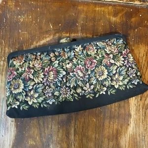 Vintage Floral Stitched Tapestry Handbag Purse Clutch with Attached Coin Bag